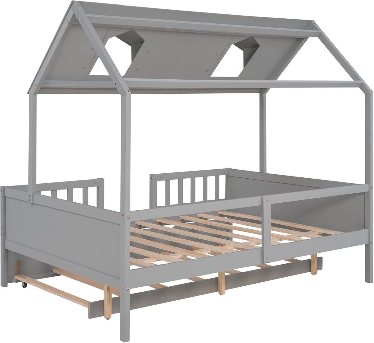 Grey Double Bed Wood Frame with Safety Bar T7862