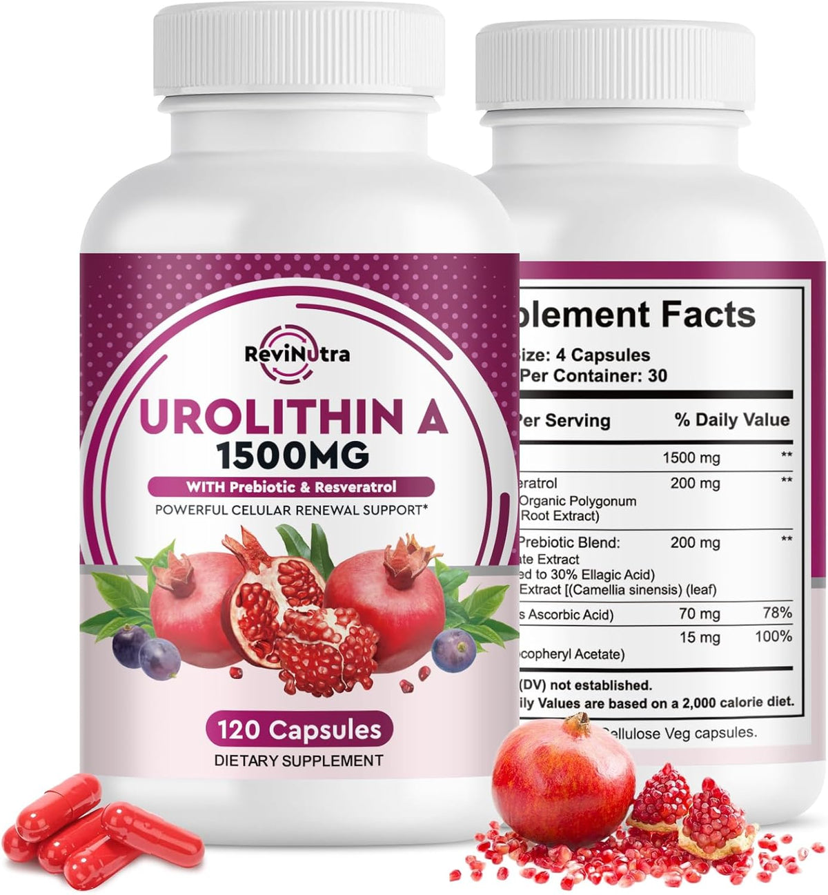 Urolithin A Supplement 1000 mg with Resveratrol, Pomegranate Extract, Green Tea, Vitamin C, E, 120 Capsules U7415
