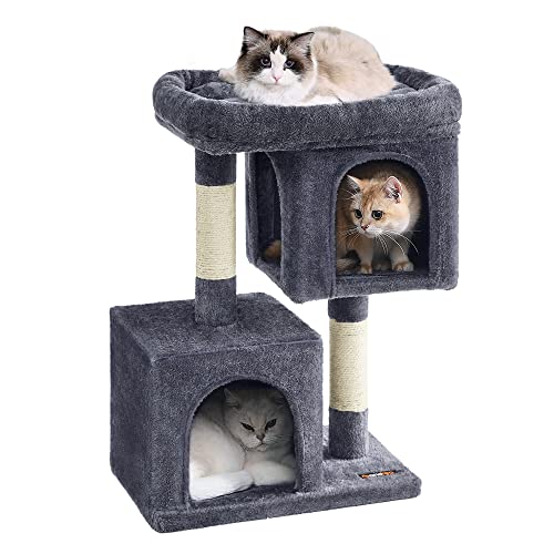 Light Gray Cat Tree with 2 Cat Caves and Scratching Post U638
