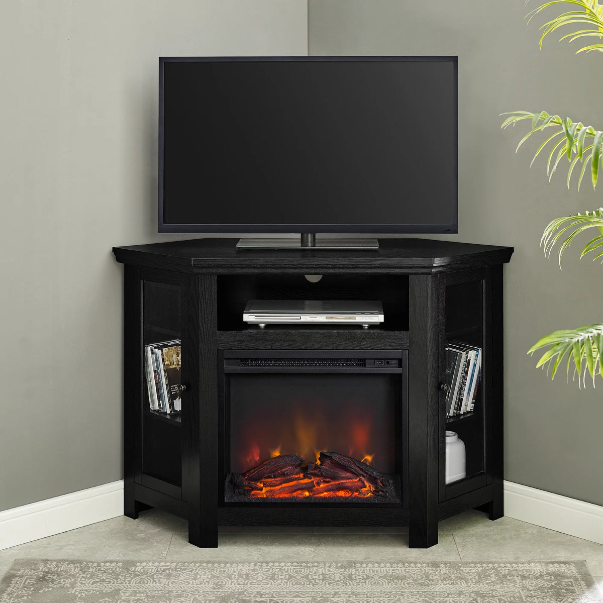 Black Corner Fireplace TV Stand V594