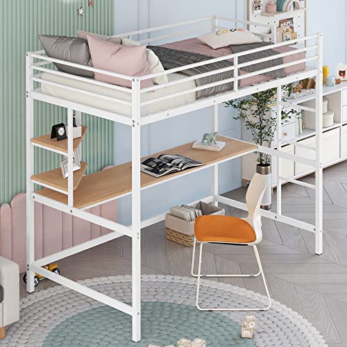 White Metal Twin Loft Bed with Desk and Shelves E9628