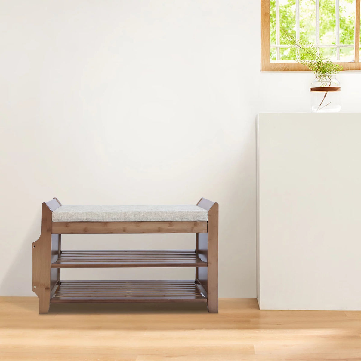 2 Tier Bamboo Shoe Rack Bench with Soft Seat Q3667
