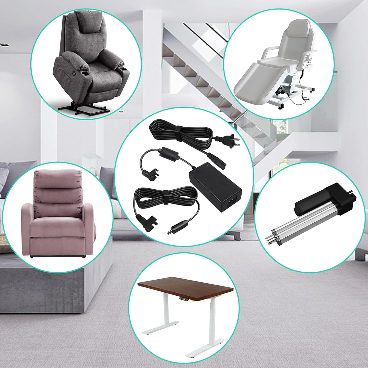 2-Pin 29V2A Power Adapter with Extension Cord for Recliner, Black O832