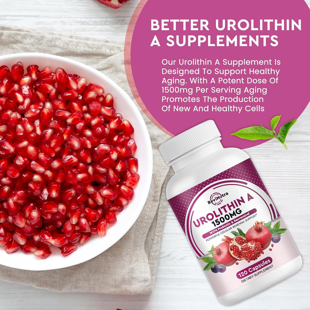 Urolithin A Supplement 1000 mg with Resveratrol, Pomegranate Extract, Green Tea, Vitamin C, E, 120 Capsules U7415