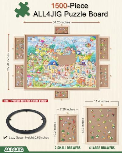 2000 Pieces Rotating Wooden Puzzle Board with 6 Drawers and Cover I181