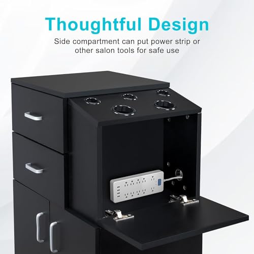 White Rolling Salon Trolley Cart with 5 Hair Dryer Holders, 2 Drawers, 1 Large Cabinet R9334