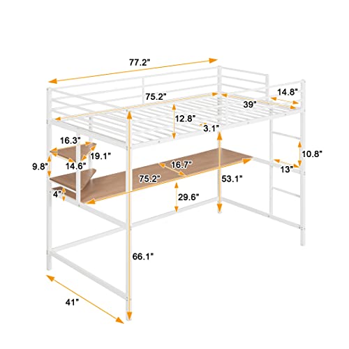 White Metal Twin Loft Bed with Desk and Shelves E9628