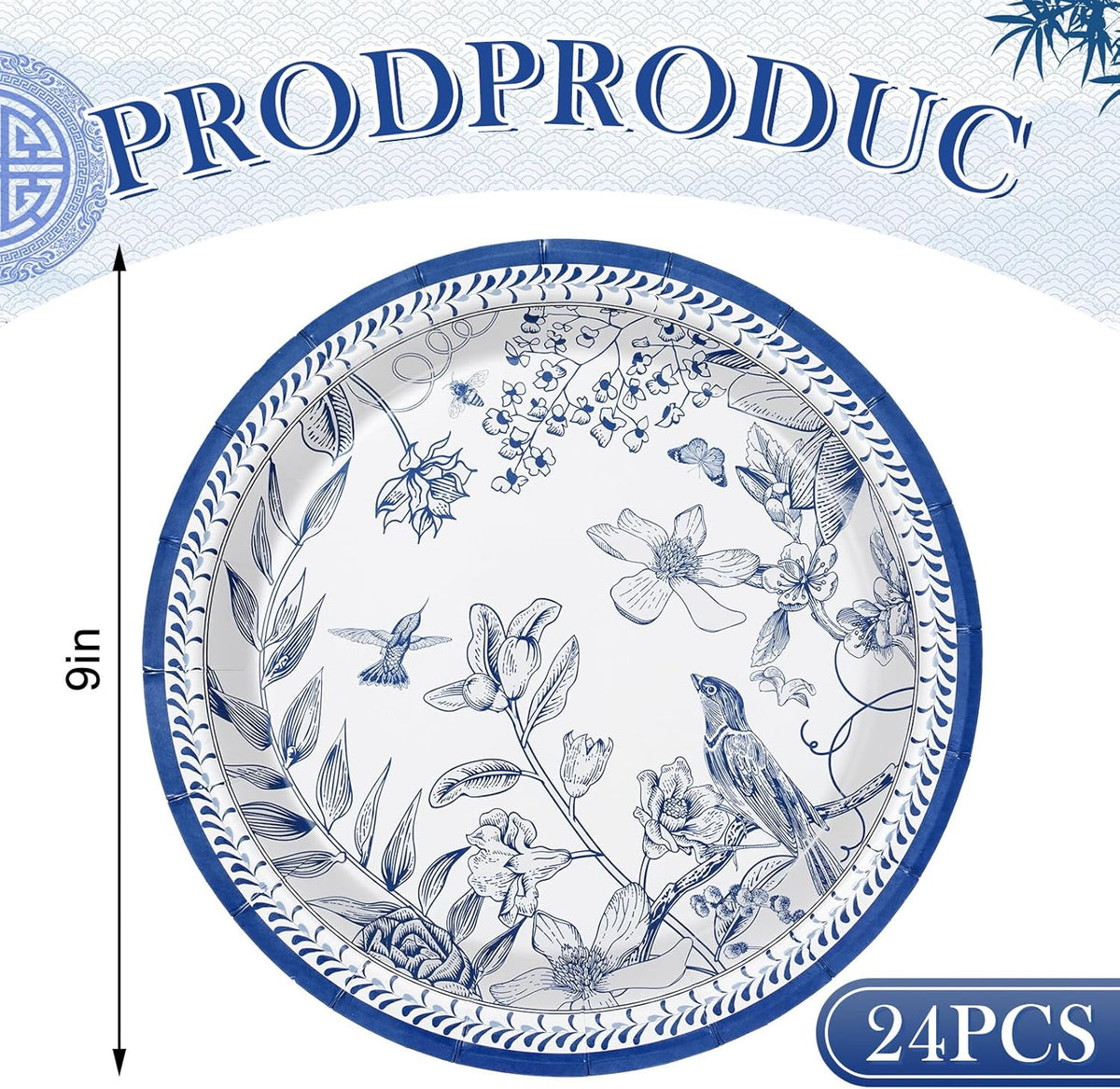 24Pcs Blue White 9 Inch Disposable Paper Plates Q850