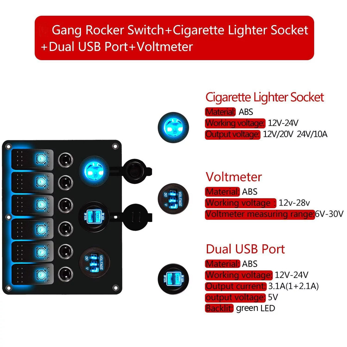 Blue LED Rocker Switch Panel with Dual USB Waterproof Power Socket Breaker Voltmeter J96886
