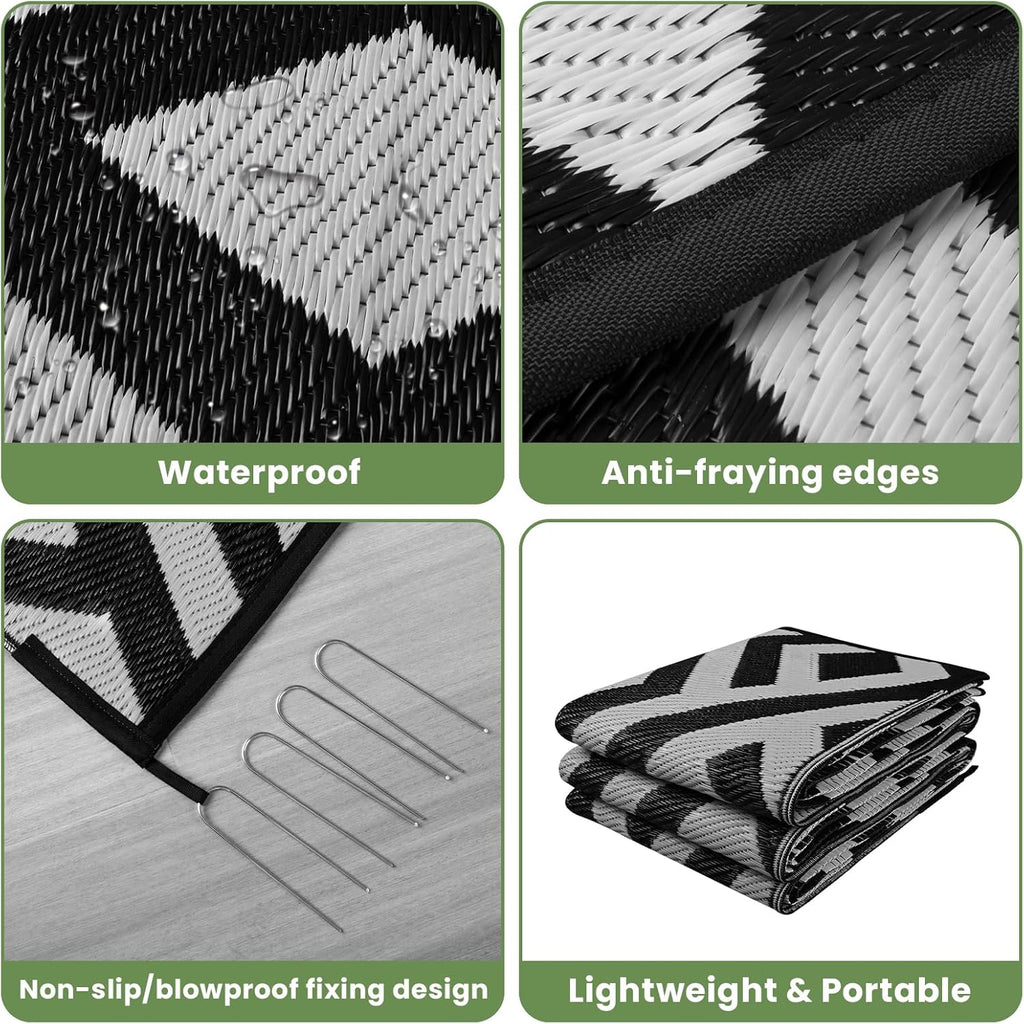 Black & Light Grey 8x10 Outdoor Plastic Straw Rug with Carry Bag O43230