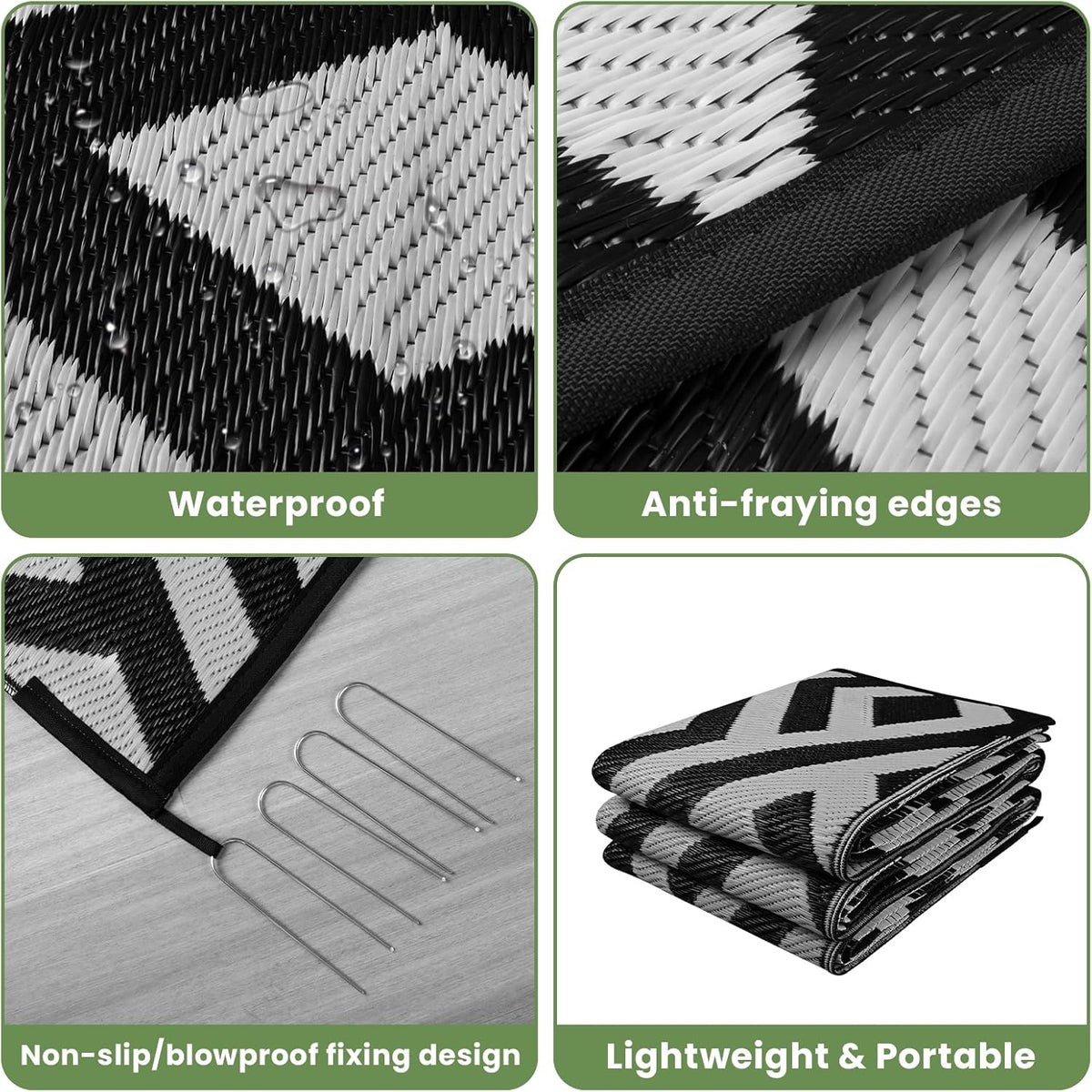 Black & Light Grey 8x10 Outdoor Plastic Straw Rug with Carry Bag O43230