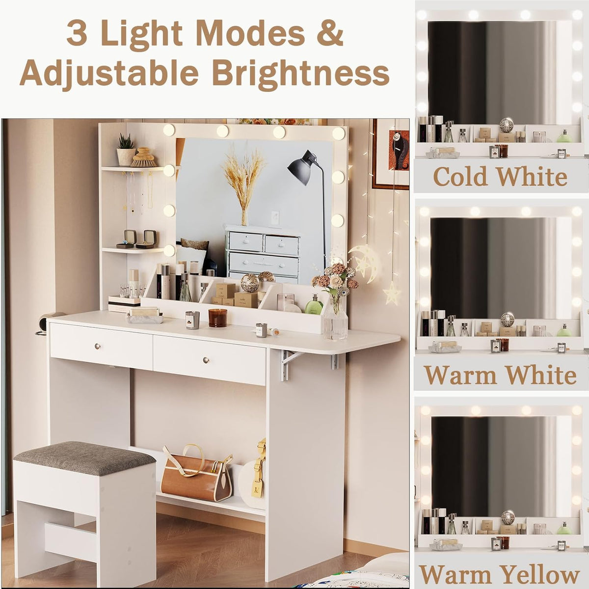 White Makeup Vanity Desk with Lights and Charging Station, 2 Drawers & Cushioned Stool L439226