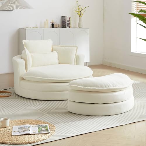 White Sherpa Fabric Swivel Barrel Chair with Storage Ottoman L199