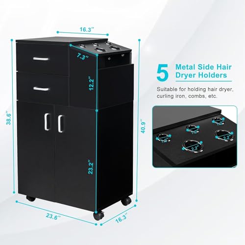 White Rolling Salon Trolley Cart with 5 Hair Dryer Holders, 2 Drawers, 1 Large Cabinet R9334