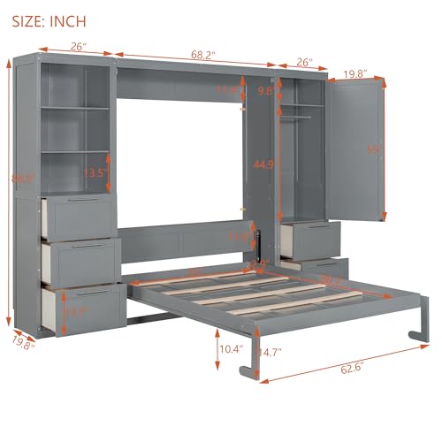Grey Queen Size Wood Murphy Bed with Shelves and Drawers N519796