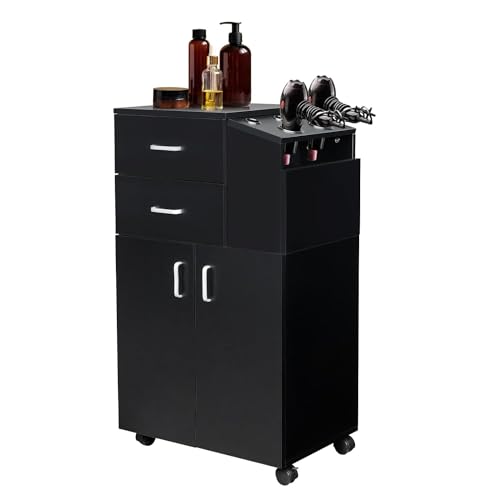 White Rolling Salon Trolley Cart with 5 Hair Dryer Holders, 2 Drawers, 1 Large Cabinet R9334