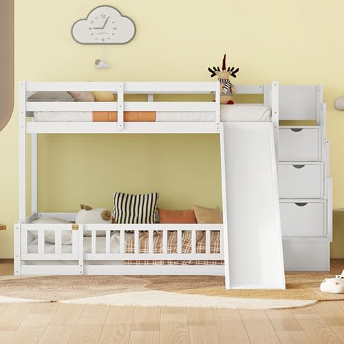 White Twin Over Full Bunk Bed with Slide and Storage Staircase I2752