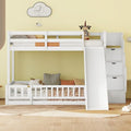 White Twin Over Full Bunk Bed with Slide and Storage Staircase I2752